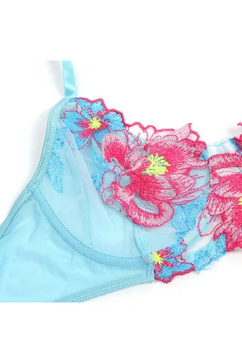 Blue Floral Mesh Bra and Garter Belt Set