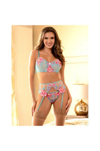 Blue Floral Mesh Bra and Garter Belt Set