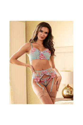 Reggiseno e Reggicalze in Pizzo Blu Floreale