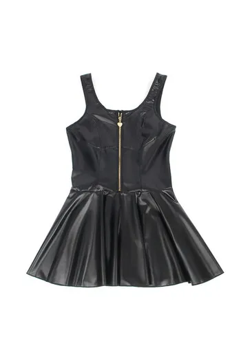 Camicia da notte sexy nera in similpelle con spalline larghe e cerniera a cuore