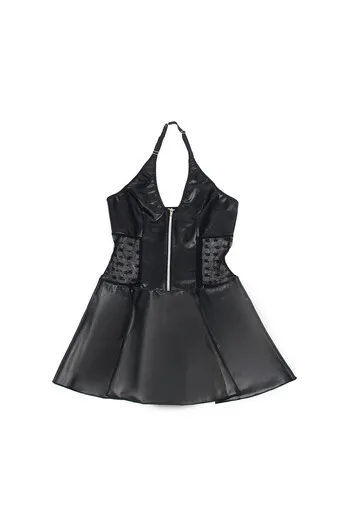 Lingerie sexy in similpelle nera e pizzo con reggicalze