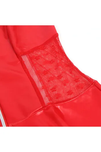 Sexy lingerie set in red synthetic leather with lace and garter