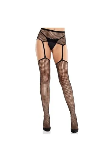 LEG AVENUE - CALZE IN PIZZO CON CROCE E CINTURA REGGICALZE NERE