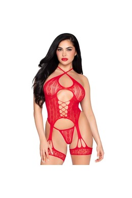 LEG AVENUE - 89338 BODY APERTO IN PIZZO CON CINTURINO E PERIZOMA ROSSO - TAGLIA UNICA