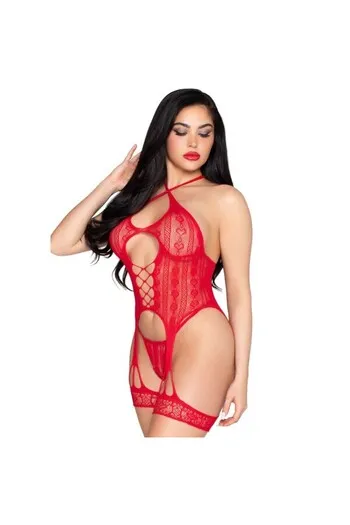 LEG AVENUE - 89338 BODY APERTO IN PIZZO CON CINTURINO E PERIZOMA ROSSO - TAGLIA UNICA