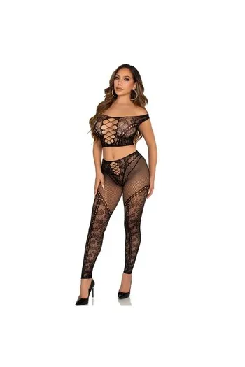 LEG AVENUE - CROP TOP E LEGGING A RETE CON SPALLE SCOPERTE NERO