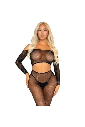 LEG AVENUE - CROP TOP E LEGGING A RETE CON STRASS NERO