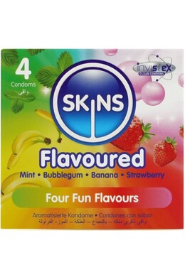 Pack di 4 Condomi Skins ai 4 Sapori: Banana, Gomma da Masticare, Menta e Fragola