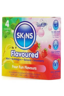 Pack di 4 Condomi Skins ai 4 Sapori: Banana, Gomma da Masticare, Menta e Fragola