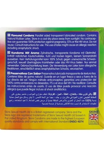 Pack di 4 Condomi Skins ai 4 Sapori: Banana, Gomma da Masticare, Menta e Fragola