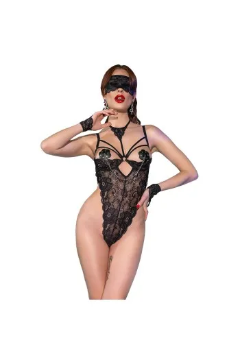 Lace ouvert bodysuit with mask and sensual gloves