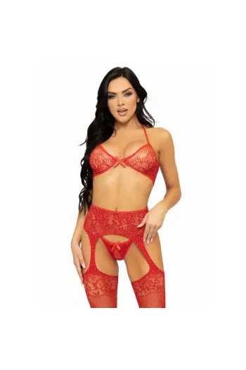 Set Lingerie 3 Pezzi con Paillettes, Reggicalze e Tanga - Leg Avenue
