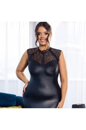 Black Lace and Leather Lingerie Dress - Sensual Elegance