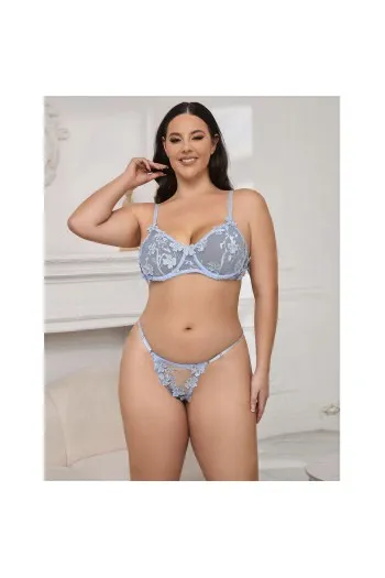 Reggiseno e Slip in Pizzo Floreale Blu Sensuale
