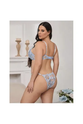Reggiseno e Slip in Pizzo Floreale Blu Sensuale